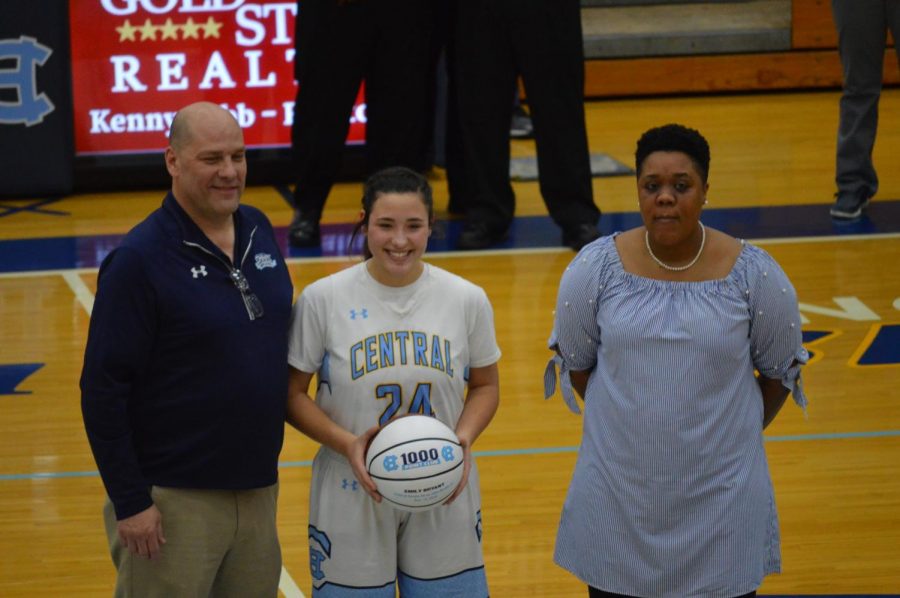 Junior Emily Bryant was honored before the Homecoming game on Jan. 25 for scoring her 1,000th point in December.