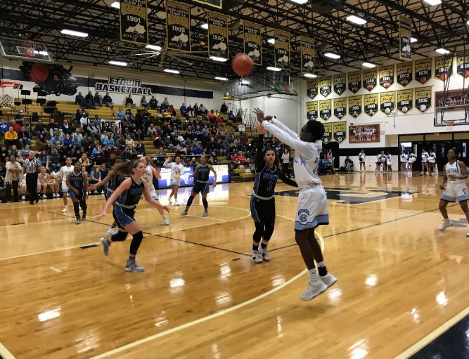 Sophomore guard Kaniya Kendricks drains a shot in the third quarter against North Hardin in 17th District play at E-town on Feb. 21.