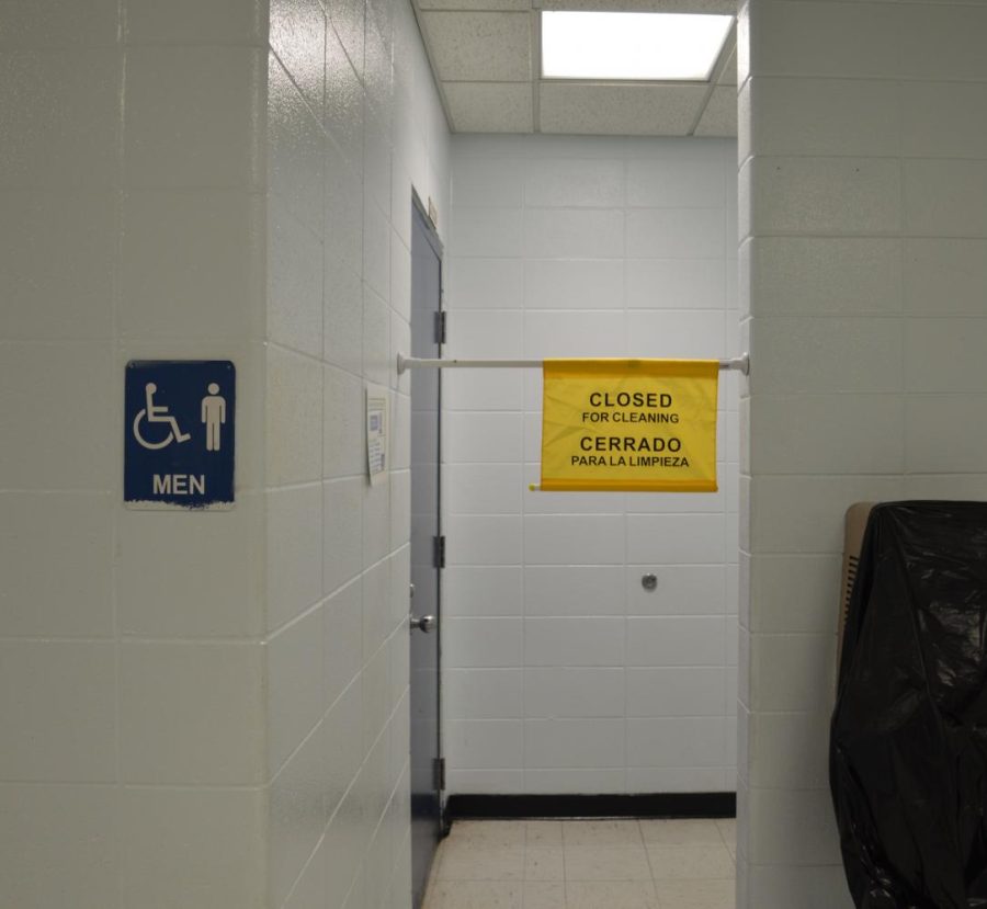 The boys bathroom temporarily closed due to student vandalism.