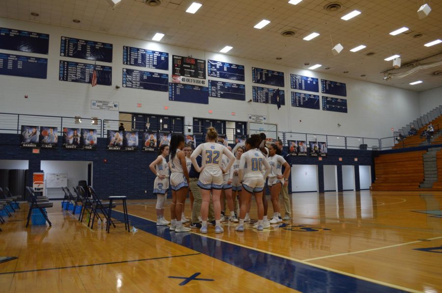 A huddle from the girls basketball game vs. Fort Knox on Feb. 1.