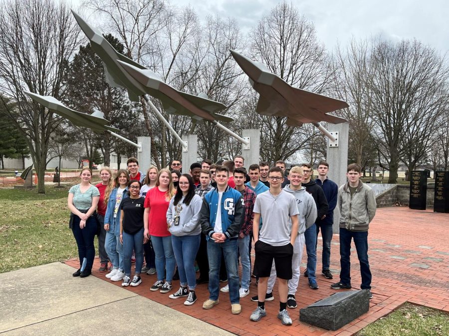 The Central Hardin Bruin JROTC drill team is gathered outside of the National Museum of the United States Air Force at Wright-Patterson AFB in Dayton, OH.  The team enjoyed visiting the museum as they relax and prepare for the drill competition the following day.
