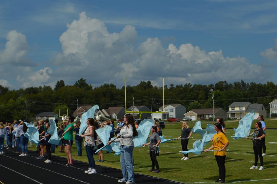The Central band and color guard performing at the football pep rally.