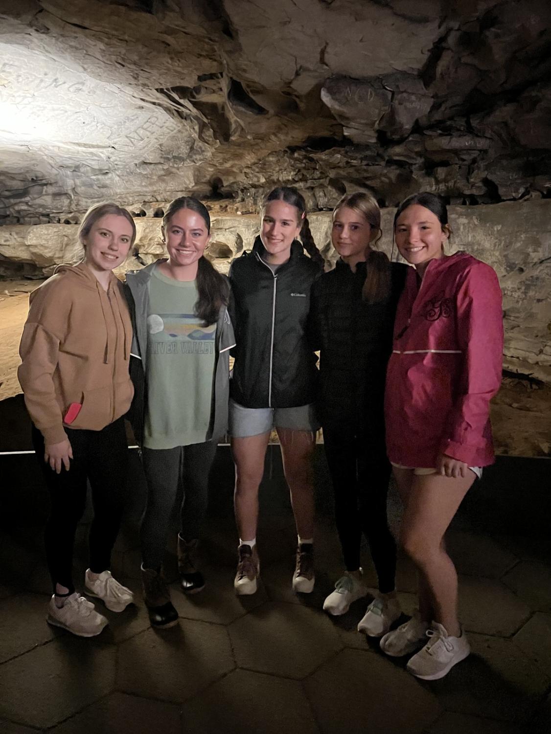 Sophomores Ryleigh Boles, Samantha Nelson, Farrah Marreez, Sarah Hilbert, and Izzy Gorin inside of Mammoth Cave.