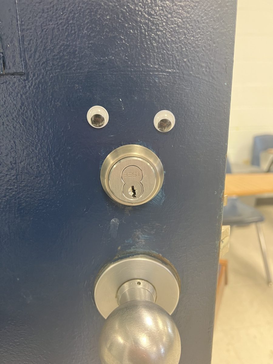 The Googly Eye Bandit stuck once again on english teacher Jeff Cradys classroom door (Sept. 19).