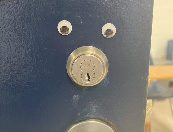 The Googly Eye Bandit stuck once again on english teacher Jeff Cradys classroom door (Sept. 19).