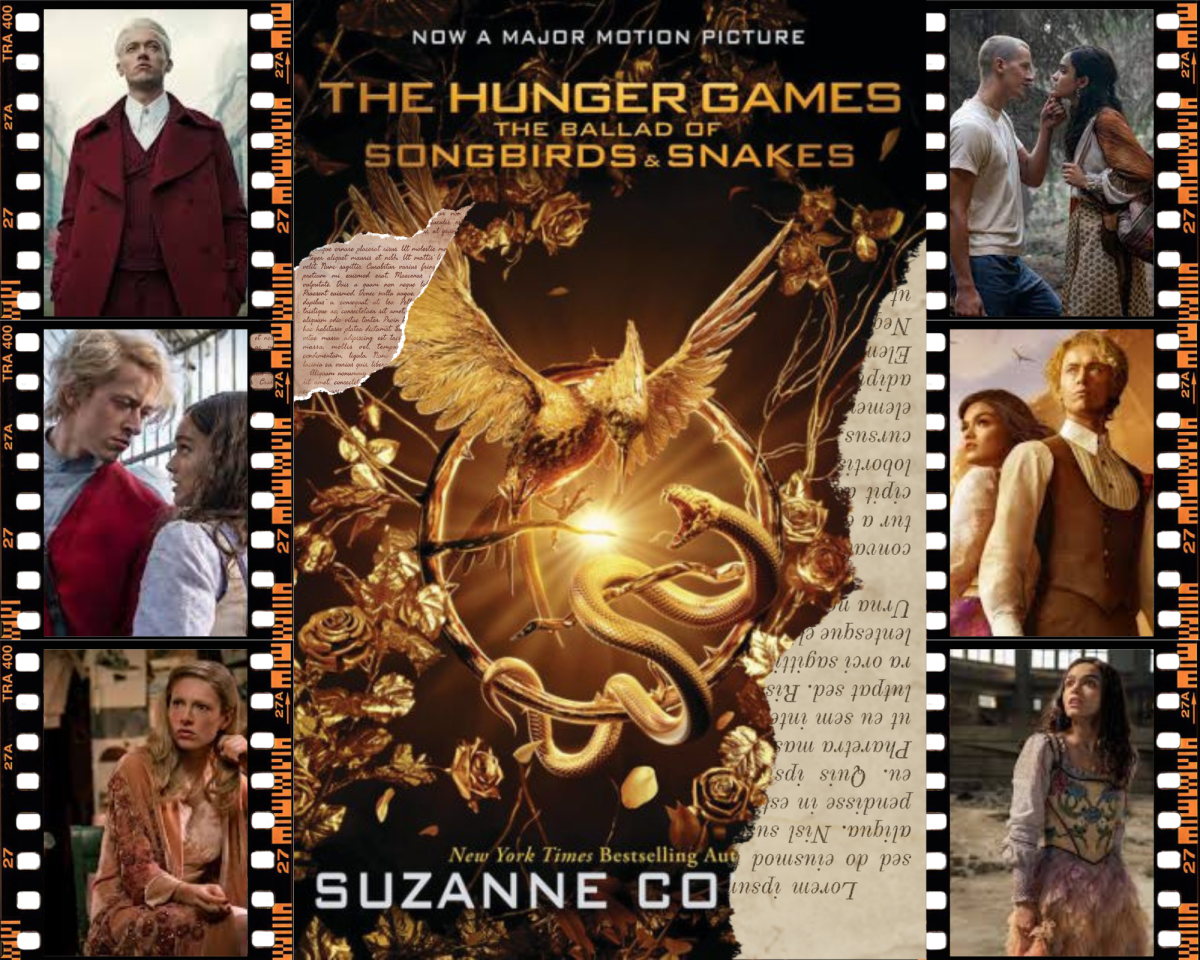 A collage of moments from the movie and the book cover for The Ballad of Songbirds and Snakes.