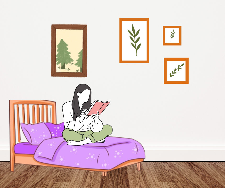Cartoon+of+a+teen+girl+reading+on+her+bed%2C+during+her+off+days.+