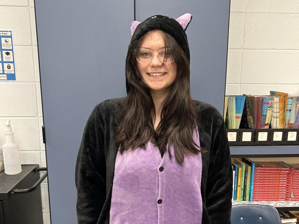 Senior Madelynn Thompson in her kitty onesie on Pajama Day for Wellness Week. (Feb. 8)
