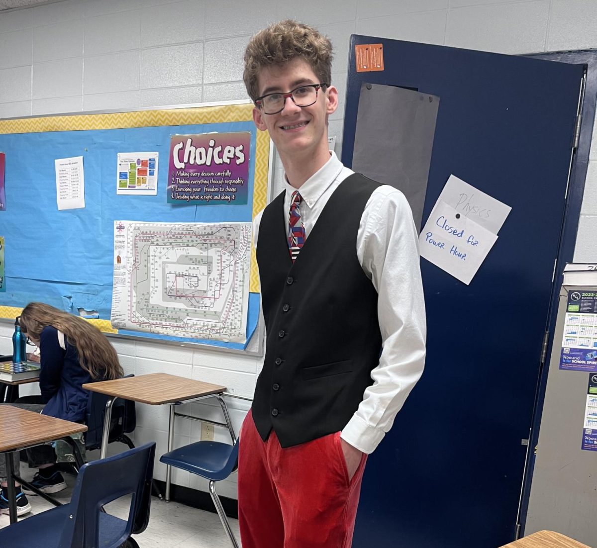 Junior Preston Meredith sports some snazzy red pants for Wellness Week Stayin Alive Day on Feb. 9. Meredith is one of Centrals most avid participants in spirit days.