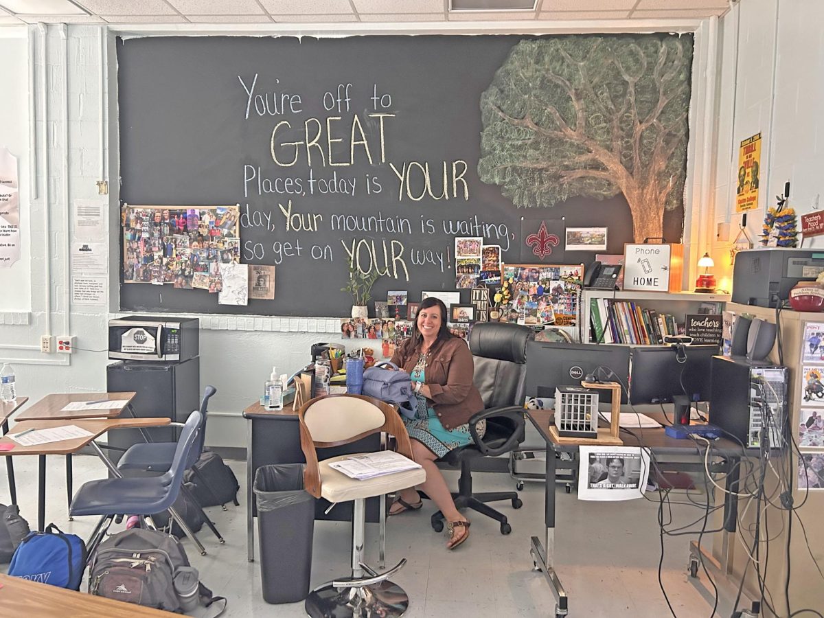 World History teacher Katherine Graybeal takes a break from instruction during lunchtime at the Bruin Academy on Sept. 18.  Many students at the main campus miss seeing Graybeal, so The Central Times staff thought this photo of her would be a welcome sight. 