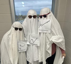 Seniors Breonna Gwinn, Emerson McNeilly, and Meredith Highbaugh dress in their math themed outfit for "Calcuween". Calcuween is a tradition done in Mrs. Dougherty's AP Calculus first block class, which students can dress up and learn math together (Oct. 31)