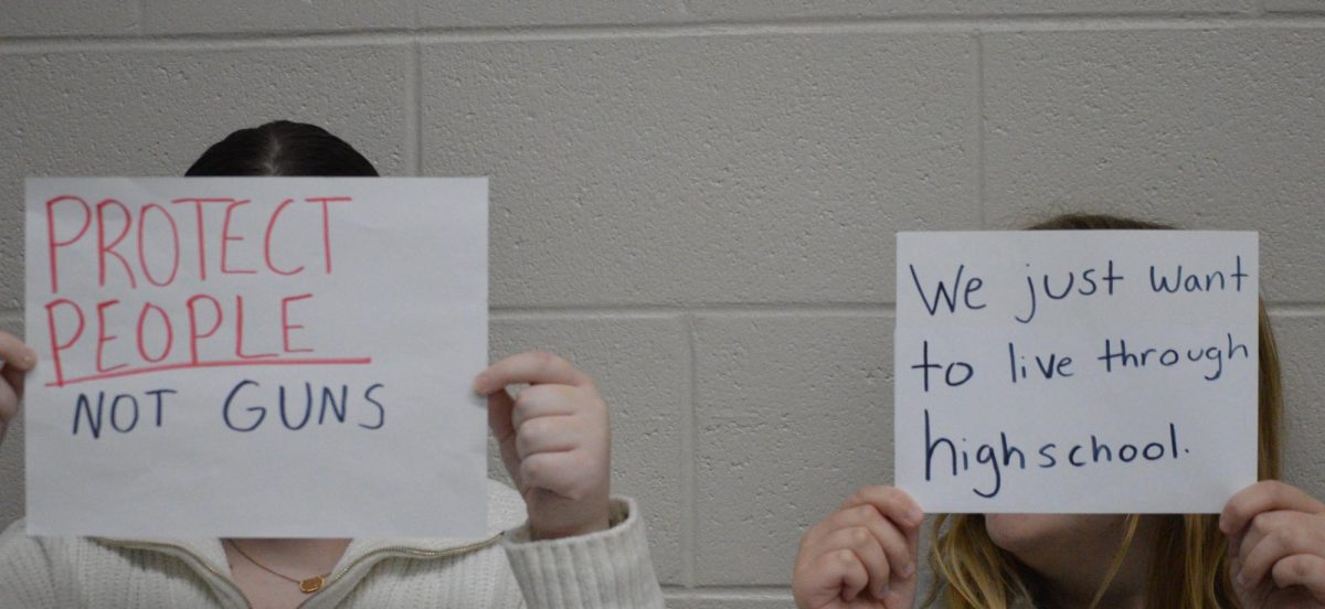 Protest signs calling for increased gun control.