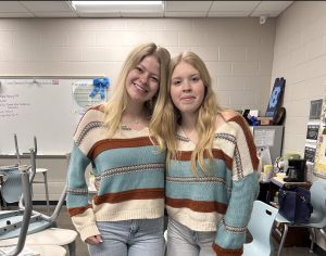 Juniors Kayla Miller and Mollie Bruner match during Tuesday Twin Day on Feb. 4. Twin Day is a common theme for Spirit Week at Central Hardin.