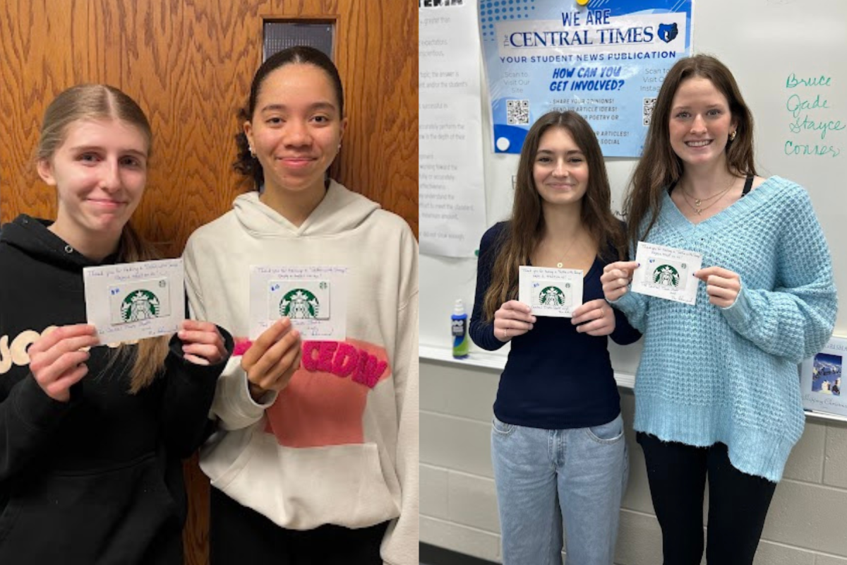 Freshmen Addison Huggins and Bella Robinson and sophomores Tegan Luken and Madison Cothern display the Starbucks gift cards they won by participating in The Central Times' Selfies with Snoop contest in December. Keep an eye out later this year for opportunities to engage with The Central Times and win prizes.