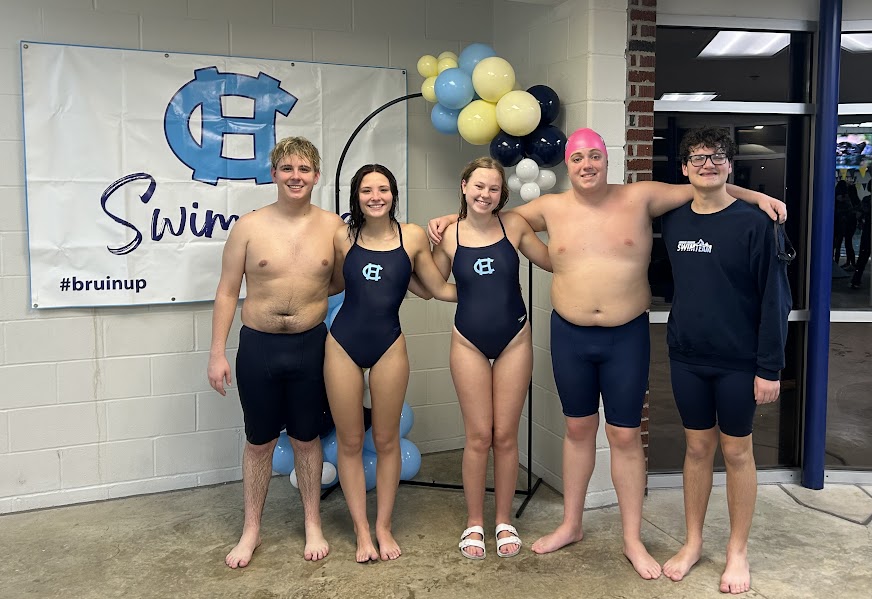 Swim Team Seniors from left to right: Landon Gardner, Izzy Gorin, Audrey Wright, Jacob Butterworth, Clark VanZant (Jan. 17)