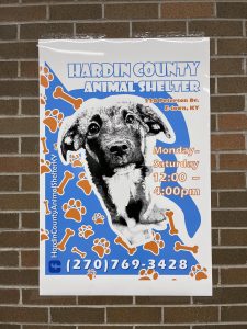 A poster of a Hardin County Shelter puppy adorns the new halls. Information about how to reach the shelter can be found on this student-made artwork. 