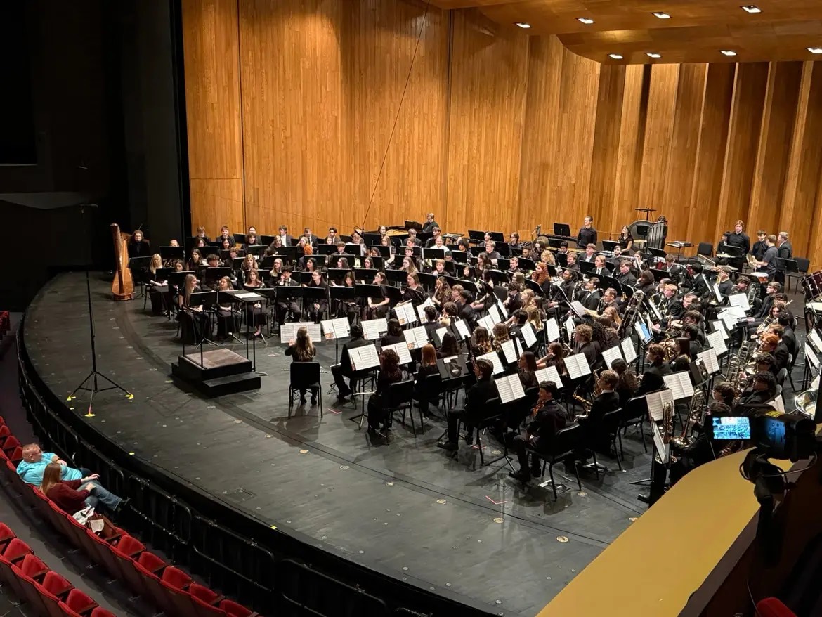 Three Central Hardin seniors, Harper Scott, Trinity VanMeter, and Molly Spiers, perform in the All-State Band on Feb. 8. (Courtesy of the Central Hardin Band)