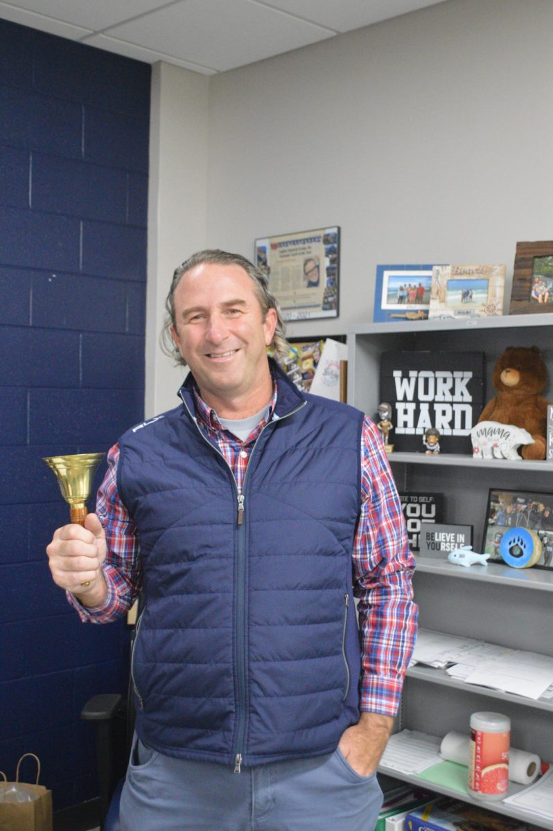 English Teacher Paul Gray shows off his Hardin County retirement bell on his last day at Central after teaching here for 18 years. "I'm happy sad," Gray remarks about leaving, "I will miss my colleagues and students." Gray is looking forward to spending time writing, working on his house and with his church. He will continue to Substitute teach and broadcast Central games with HCEC-TV. 