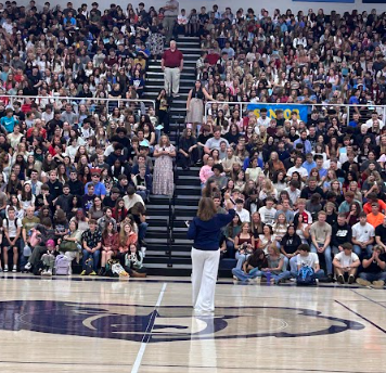 New principal Kim Case addresses the student body in a school-wide assembly on Aug. 7. Case, who taught at Central for several years in the early 2000s, has returned to take the helm after Tim Isaacs retired in July. 