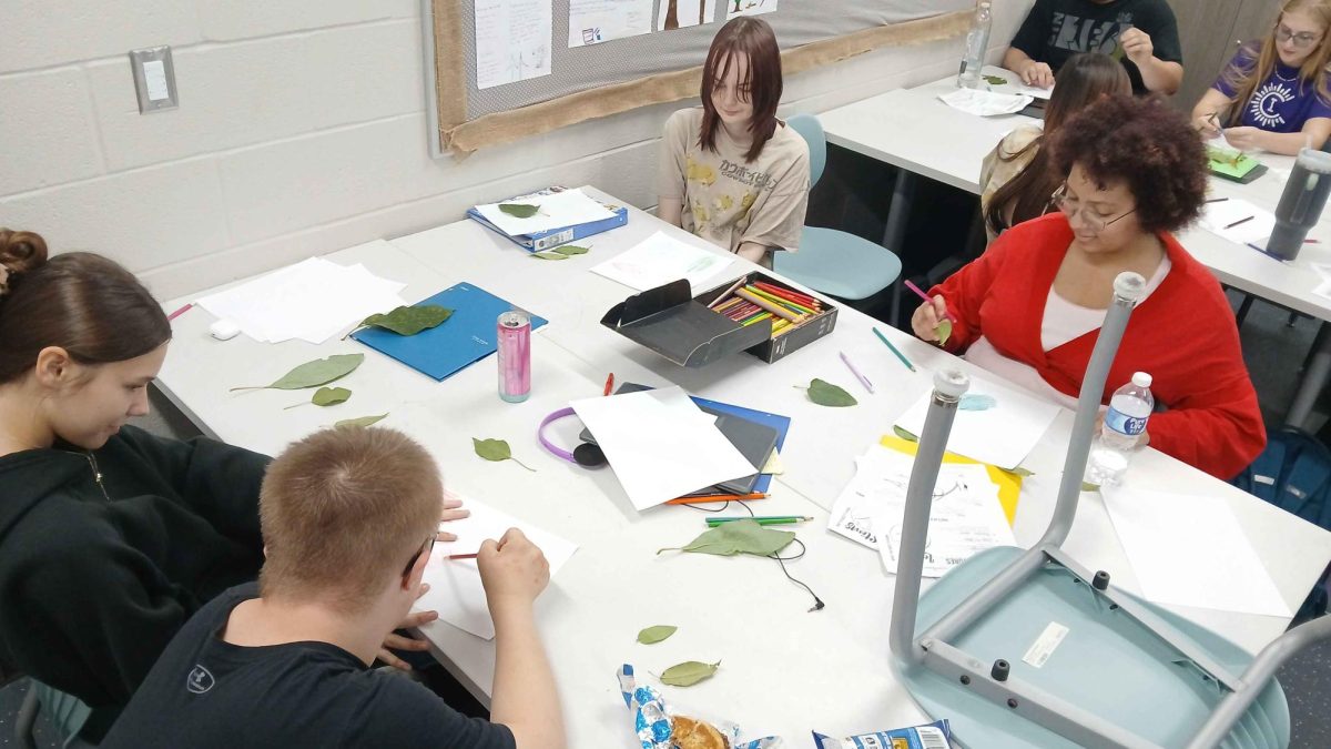 Juniors Heidi Dennis (brunette), (tan shirt) Leo Myer, (red shirt) Patience Elliot and sophmore Tate Loving draw leaves during class after coming back from lunch. (Sept. 8th)